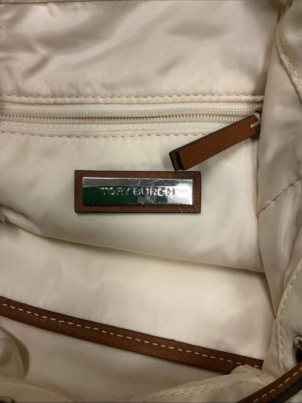 Tory Burch Cream Drawstring Bucket Bag with Brown Trim